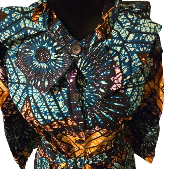 Natal Jacket Small Colorful Artsy Uganda Bold Belted Pockets Ruffled Collar - Picture 2 of 4